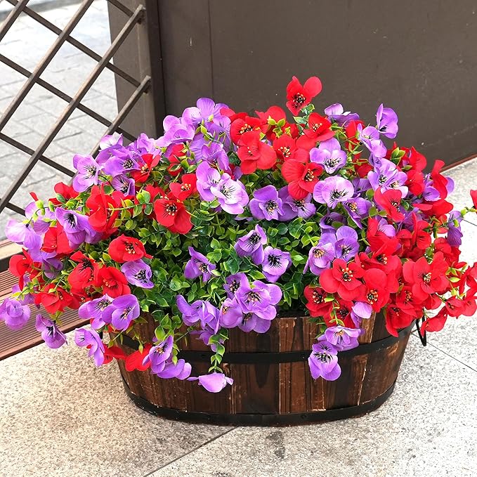 Artificial Flowers for Outdoor, UV Resistant Fake Silk Pansies Flowers, Realistic Faux Plants for Outside Indoor Porch Patio Window Box Planter Home Decor (16, Red/Purple)