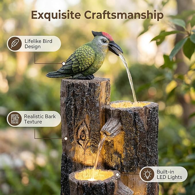 GOSSI Water Fountain Outdoor with Hummingbird, Cascading Waterfall Fountain, Rustic Log Design with LED Lights for Garden Decor