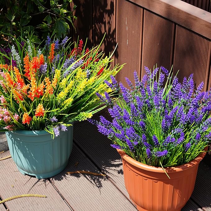 20 Bundles Artificial Plants Outdoor, UV Resistant Fake Flowers， Realistic Faux Lavender Shrubs for Porch Garden Window Box Home Decoration (Red)