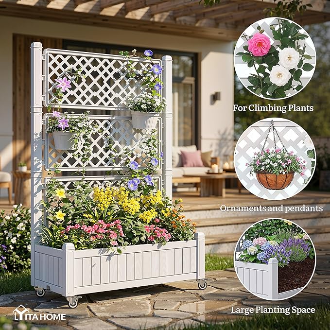 YITAHOME 42.5x14.2x61 in Planter Box with Trellis/Outdoor Privacy Screen, All-Weather Raised Garden Bed with Wheels & Drain Plug for Climbing Plants Flowers Herbs, White