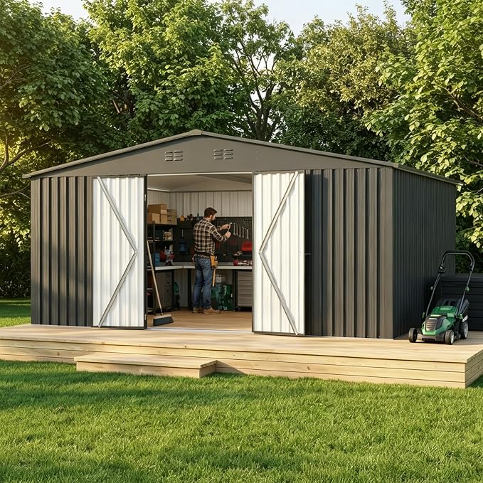 14x12 FT Outdoor Storage Shed, Metal Garden Shed with Lockable Door & Sloped Roof, Large Waterproof Utility Tool Shed for Backyard, Garden, Patio, Lawn, Black