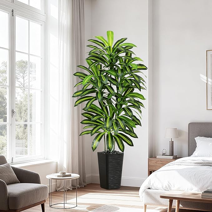 Artificial Dracaena Tree - 6FT Tall Fake Plants with Black Square Planter - Artificial Plants Indoor Floor Plant in Pot - Large Tropical Fake Yucca Potted Tree for Home Office Living Room Decor