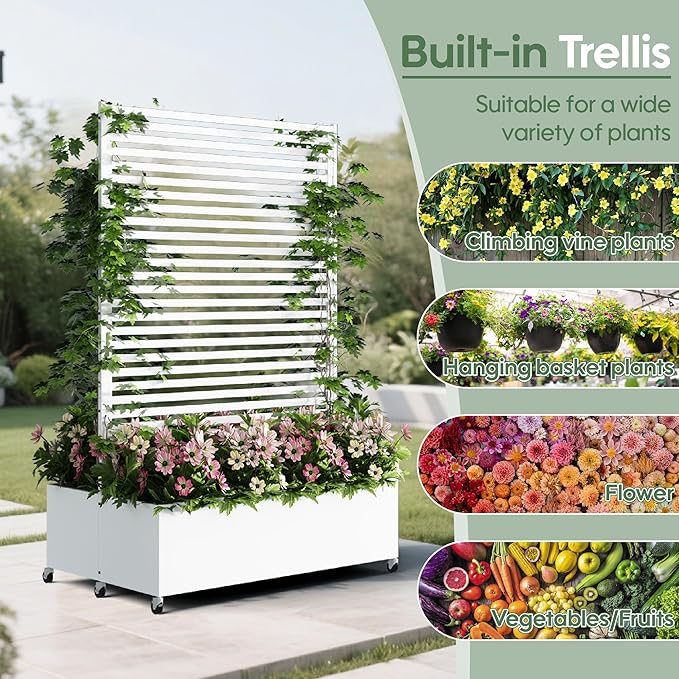 Double Metal Planter Box with Trellis Privacy Screen, Raised Garden Bed with Trellis & Wheels, Planter Box Outdoor with Drainage Holes for Climbing Plants, Vines,73"x 47"x 30", White