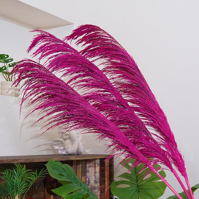 Hot Pink Pampas Grass Tall for Floor Vase Decor,Long Natural Pampas Grass, Large Dried Pompas Floral, Elegant Feather Flowers,Wedding Living Room Decorations (Natural Purple Red, 4pcs 43.3"(110cm))