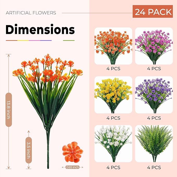 Der Rose 24 Bundles UV Resistant Artificial Flowers for Outdoors Faux Ferns Fake Plastic Flowers for Spring Home Garden Courtyard Patio Front Porch Decor