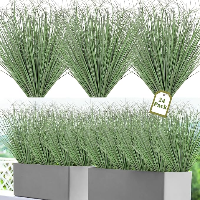 24 Bundles Artificial Plants Onion Grass Outdoor 20 Inch Tall Fake Shrubs Wheat Grass UV Resistant Greenery Stems Faux Bushes Plant for Indoor Outdoor Garden Office Home Decor, Light Green