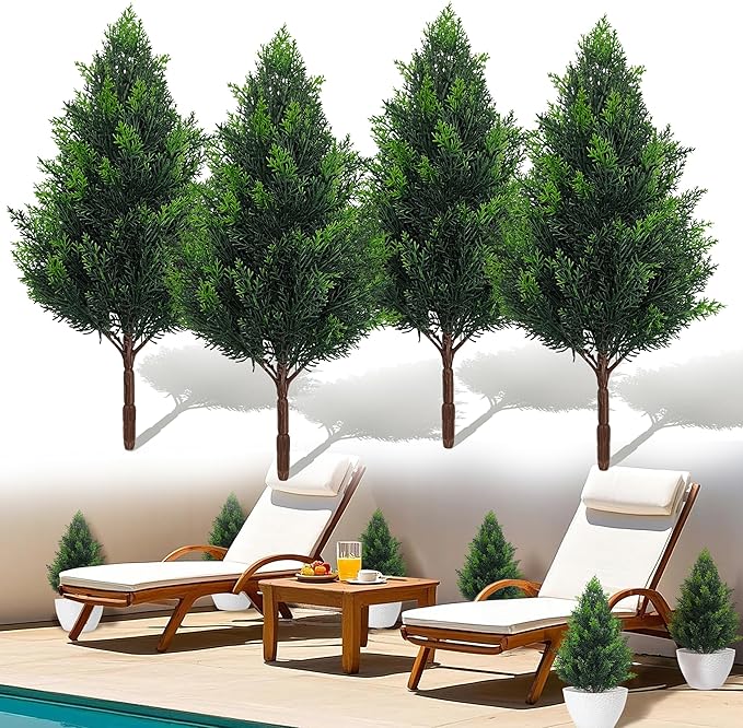 Artificial Cedar Topiary Plants: 20 Inch (4P) UV Resistant Faux Pine Stems Shrubs Plastic Greenery for Outdoor Indoor Home Decor, Garden, Front Porch, Office, Restaurant & Holiday Party