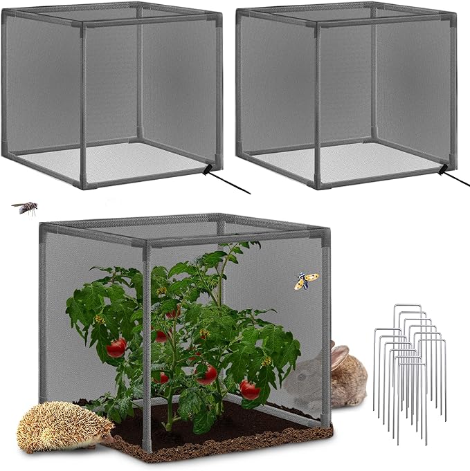 3 Pack Plant Protectors from Animals, 13.8" X 13.8" Detachable Plant Cages for Outdoor Plants with Netting, Square Plant Cages to Keep Animals Out with Ground Stakes (Black)