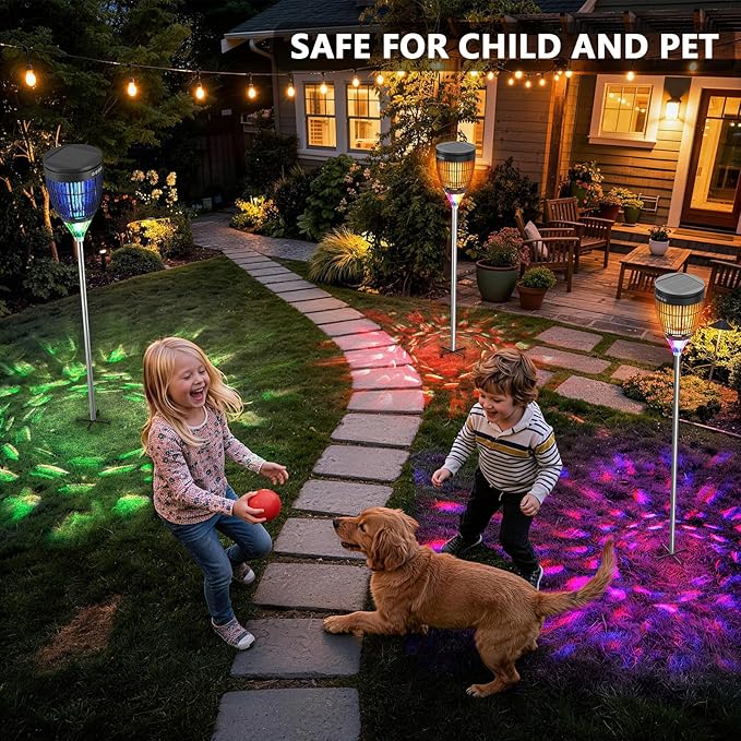 Solar Bug Zapper Outdoor, Jinyeda 4200V Mosquito Zapper with RGB Projector & Flame Lights, Cordless Mosquito Killer, USB Rechargeable Fly Insect Trap Waterproof Lighting Decor for Patio, Garden, Yard