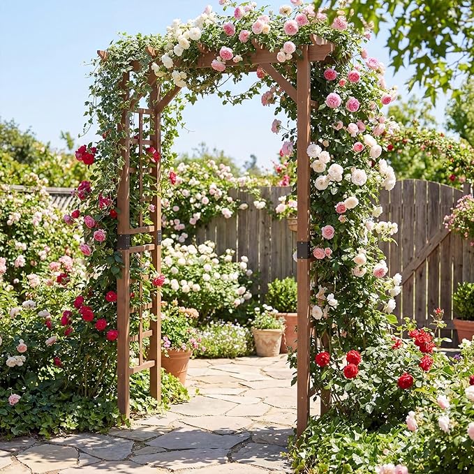 Giantex 7FT Wood Garden Arbor Trellis, Wooden Wedding Arch for Ceremony Party, Outdoor Archway Pergola for Climbing Plants, Pathway, Yard, Garden Decor, Easy Assembly (Dark Brown, 55''W x 85''H)