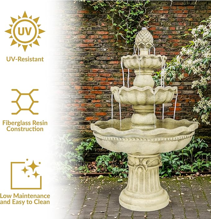 Sunnydaze 51-Inch 3-Tier Water Fountain – Electric Outdoor Fountain with Pineapple Top – Outdoor Patio & Garden Water Feature – Continuous Flow Pump with 6 ft Cord – White
