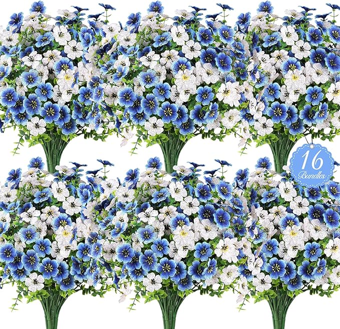 16 Bundles Artificial Flowers for Outdoors, Realistic Fake Silk Flowers for Outside, No Fade Faux Eucalyptus Plants for Outdoor Planter, Window Box, Hanging Basket - Porch Patio Garden Decor