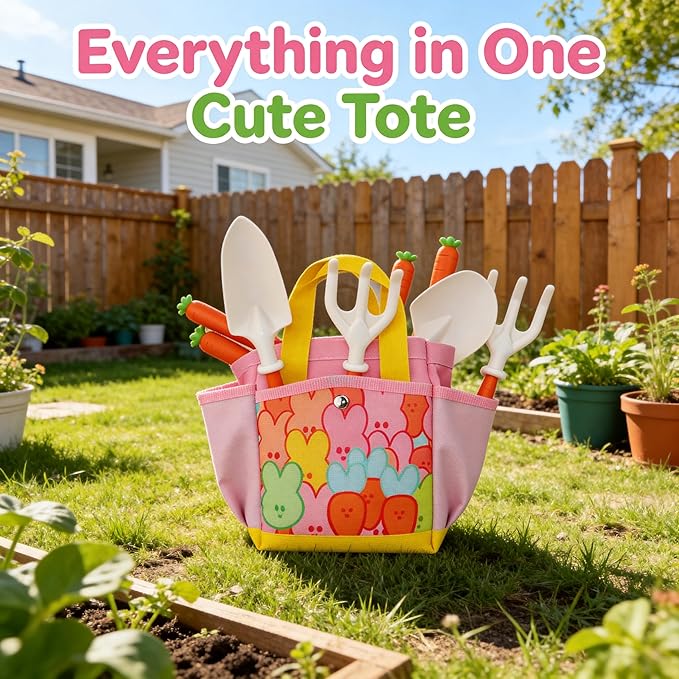 Kids Gardening Outdoor Tools Set with Adorable Sun Protective Hat & Bunny Apron, Carrot-Shaped Shovel Rake Trowel, Garden Kit for Toddlers Ages 3-8, Spring Birthday Gift
