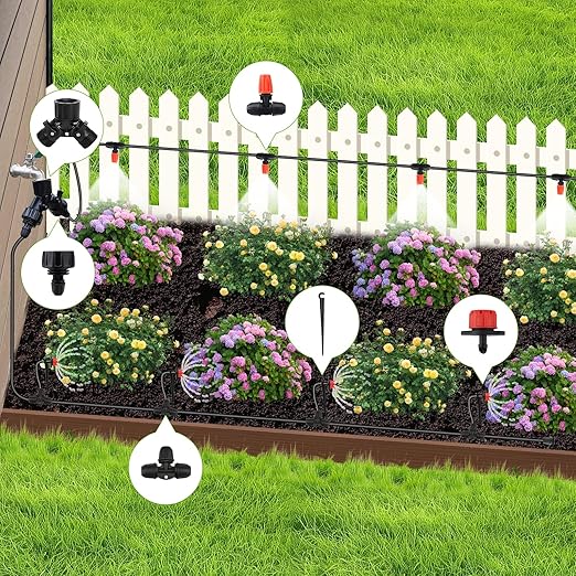 Locked - Connect Drip Irrigation Kit, 98ft Garden Drip Irrigation System, Automatic Micro Watering System with 4/7 inch Tubing Hose with Misting Nozzle Emitters for Garden, Bed Patio, Greenhouse