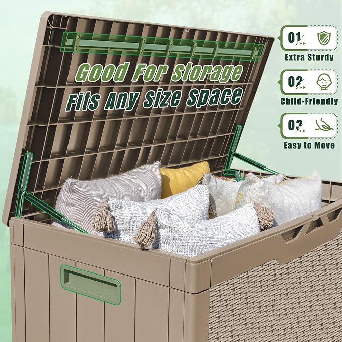 Greesum 100 Gallon Resin Deck Box Large Outdoor Storage with Cushions for Patio Furniture, Garden Tools, Pool Supplies, Weatherproof and UV Resistant, Lockable, Light Coffee