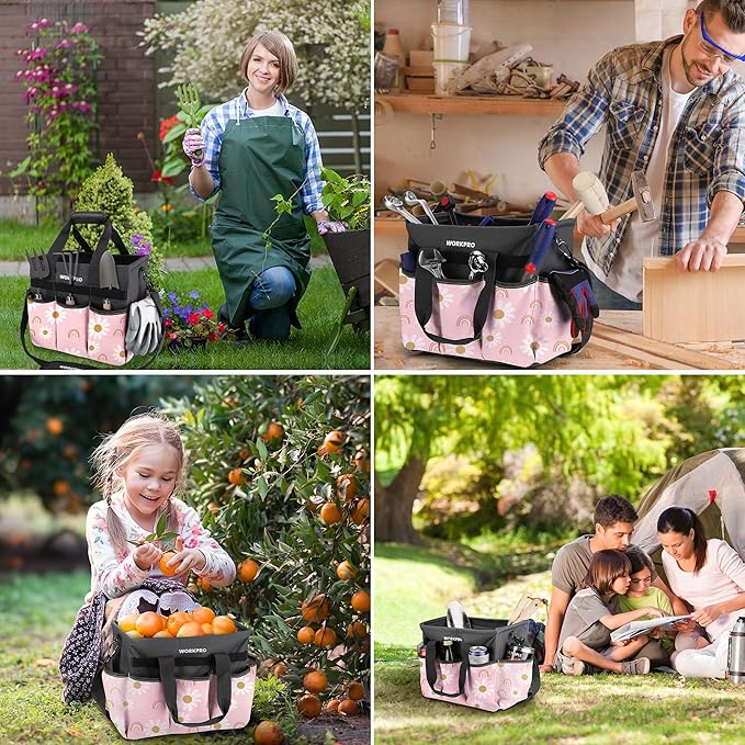 WORKPRO Garden Tool Bag Organizer, Heavy Duty Gardening Tote Bag, 10 Pockets with Adjustable Shoulder Strap, Standable Garden Home Tool Kits Organizer, Floral Pink (Tools are not Included)-Pink Ribbon
