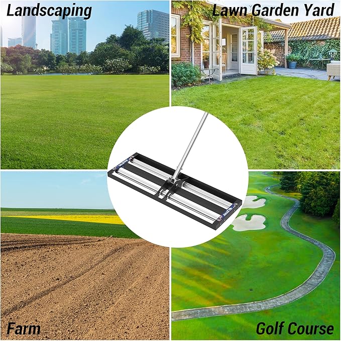 Updated Lawn Leveling Rake 40"x10", Lawn Leveler with Aluminum Rollers, Yard Leveling Rake Stainless Steel with 27-80" Adjustable Handle, Heavy-Duty Ground Leveler Suit for Garden, Golf Lawn, Farm
