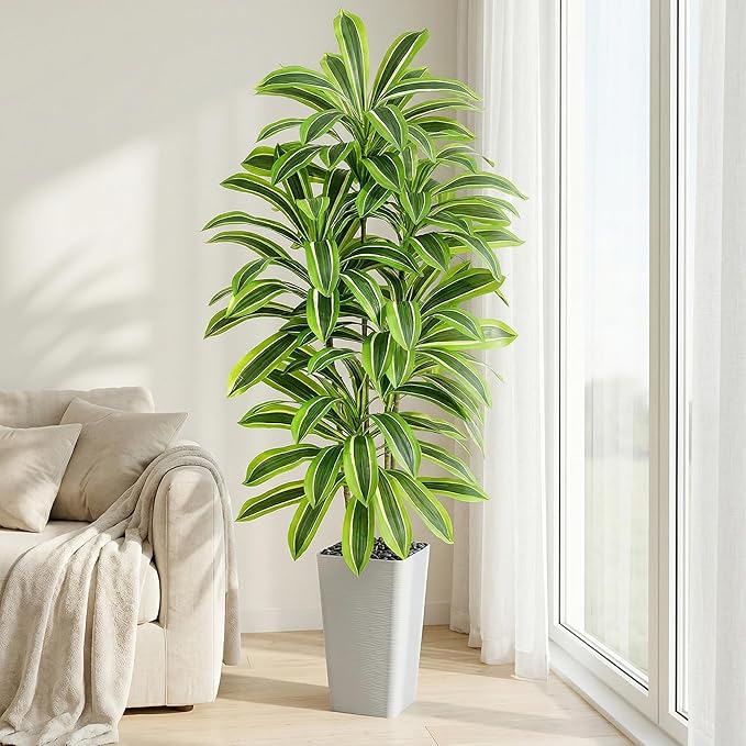 Artificial Dracaena Tree：6FT Faux Silk Tropical Yucca Floor Trees Realistic Fake Green Plant with Natural Wood Trunk & Lifelike Leaves for Home Office Decor Indoor & Outdoor (6FT,1-Pack,White)