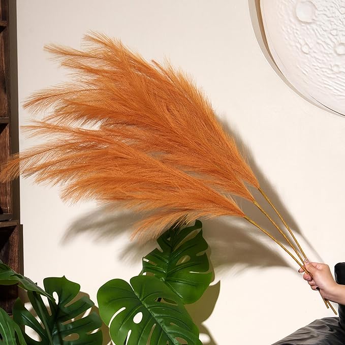 Premium Faux Golden Apricot Pampas Grass – 43.3" Tall Fluffy Warm Decor, 8pcs 18-Branch One-Piece Stems No Assembly, Luxury Silk-Feel Feather Flowers for Boho Modern Decor , Honey Apricot 8 Stems110cm