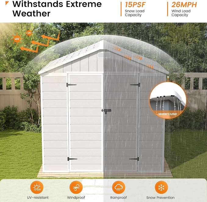UDPATIO Resin Storage Shed 8 x 6 FT, Outdoor Garden Sheds with Floor Plastic Patio Outdoor Storage Shed with Lockable Door, Sandstone