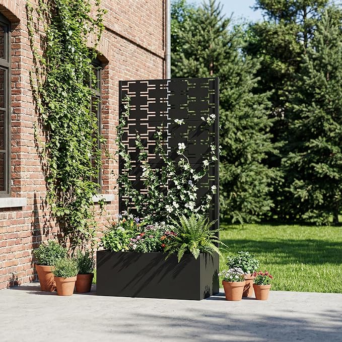 Casaphoria Metal Raised Garden Bed with Trellis, 59"x30"x12" Planter Box for Climbing Plants, Vegetables & Vines, Features Drainage Holes and Privacy Screen, Black-Brick
