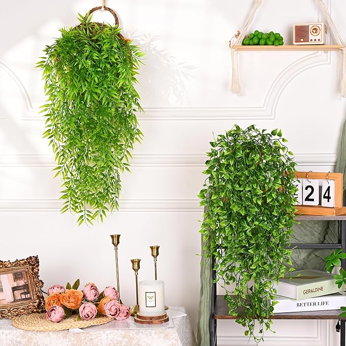 Waipfaru 4Pcs Artificial Hanging Plants, Fake Willow Leaves Vines Fake Hanging Plants for Outdoors UV Resistant Plants Outdoor Faux Plants Indoor Bedroom Living Room Porch Shelf Decor