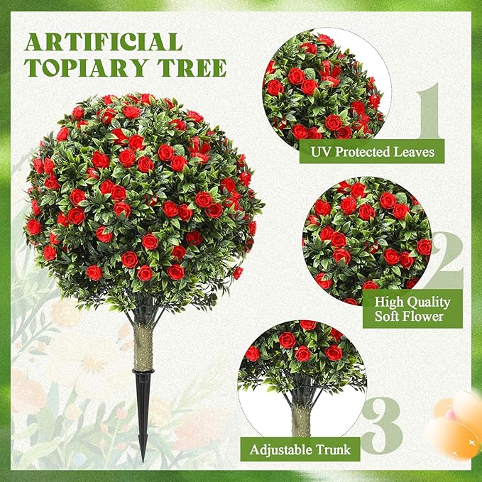 Lunmon 2 Pack 24" Artificial Topiary Ball Plants Trees with Flowers, Outdoor Fake Topiary Plants with Ground Spike, UV Resistant Faux Bushes for Indoor Outdoor Front Door Decor(Red,Rose)