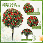 Lunmon 2 Pack 24" Artificial Topiary Ball Plants Trees with Flowers, Outdoor Fake Topiary Plants with Ground Spike, UV Resistant Faux Bushes for Indoor Outdoor Front Door Decor(Red,Rose)