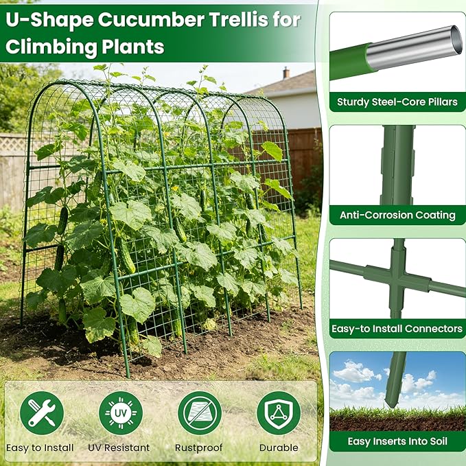 Cucumber Trellis for Raised Bed 64" L x 48" H, U-Shape Garden Trellis for Climbing Plants Outdoor, Metal Arch Trellis for Vegetables, Plant Support for Tomato Pea Zucchini Grape Flowers