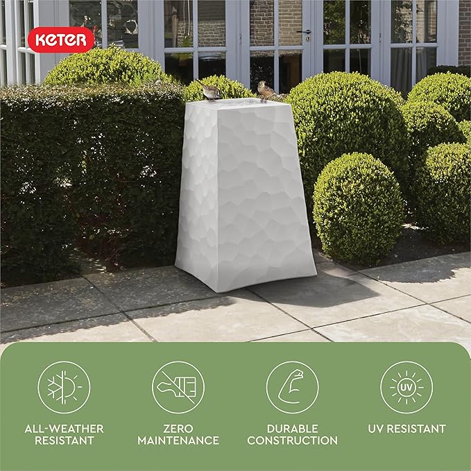 Keter Stone Tapered Planter Set of 2, Tall 26.4‑Inch Resin Outdoor Flower Pots with Stone‑Look Finish and 12.2‑Gallon Capacity, Cream