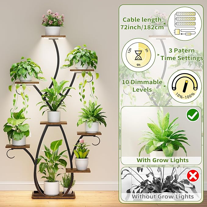 EVAWOO Plant Stand Indoor with Grow Lights - 58" Tall Plant Shelf Indoor, 8 Tiered Corner Lighted Plant Stand for Indoor Multiple Plants, Metal Flower Stands Display Rack for House, Patio, Black