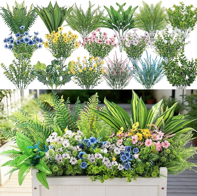 Alupssuc 24Pcs Artificial Flowers and Plants,UV Resistant & No Fade Fake Plastic Greenery Shrubs for Home Garden, Pathway, Front Porch-Spring Summer Decor, Indoor/Outdoor Use,Pink Blue Yellow White