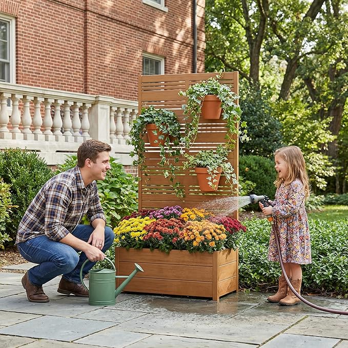 Casaphoria Metal Raised Garden Bed with Trellis, 59"x30"x12" Planter Box for Climbing Plants, Vegetables & Vines, Features Drainage Holes and Privacy Screen, Brown-Harold