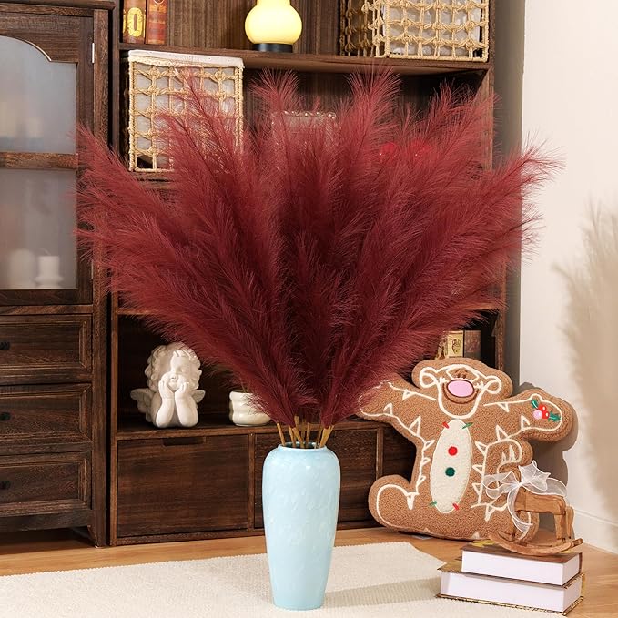 Premium Faux Burgundy Red Pampas Grass – 43.3" Tall Fluffy Romantic Decor, 8pcs 18-Branch One-Piece Stems No Assembly, Luxury Feather Flowers for Wedding Holiday Decor (Claret Red, 8 Stems / 110cm)