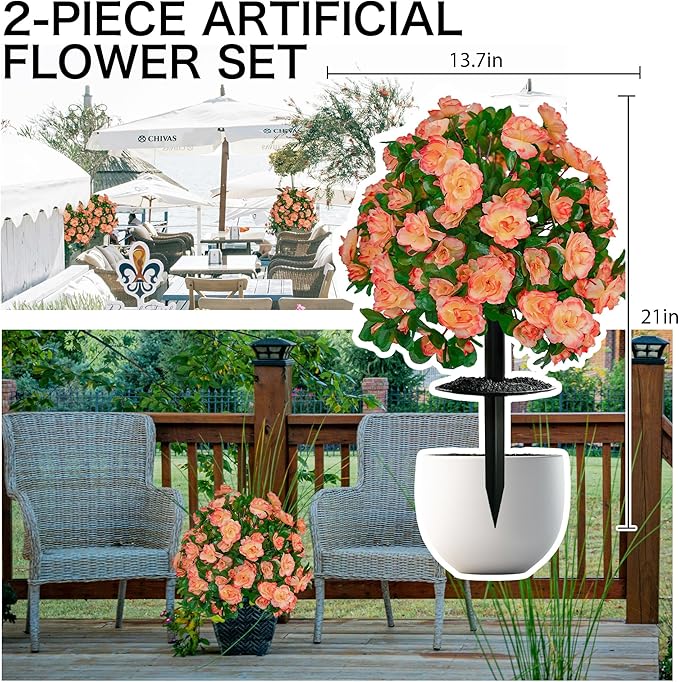 Artificial Flowers for Outdoors, Faux Outdoor Plants Fake Plants Topiary Balls Artificial Outdoor Set of 2 with Ground Spike for Home Front Porch Patio Garden Decor (Tangerine)