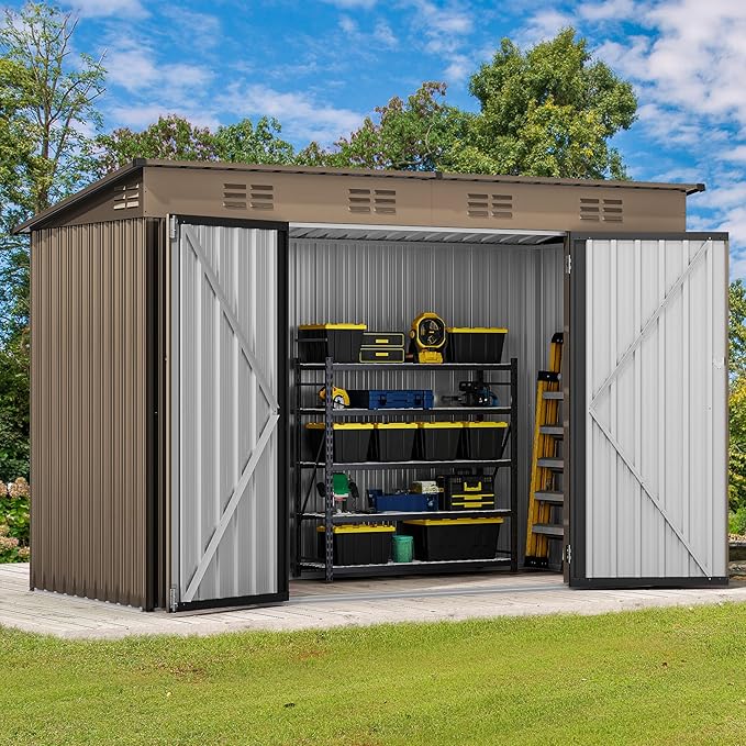 DWVO 9 x 4' Outdoor Storage Shed, Large Metal Tool Sheds, Heavy Duty Storage House with Lockable Doors & Air Vent for Backyard Patio Lawn to Store Bikes, Tools, Lawnmowers, Brown