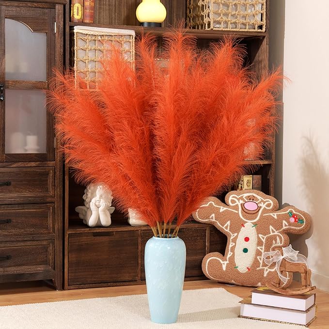 Premium Faux Orange Pampas Grass – 43.3" Tall Fluffy Decor, 8pcs 18-Branch One-Piece Stems No Assembly, Luxury Silk-Feel Feather Flowers for Boho Wedding Home Decor (Tangerine, 8 Stems / 110cm)