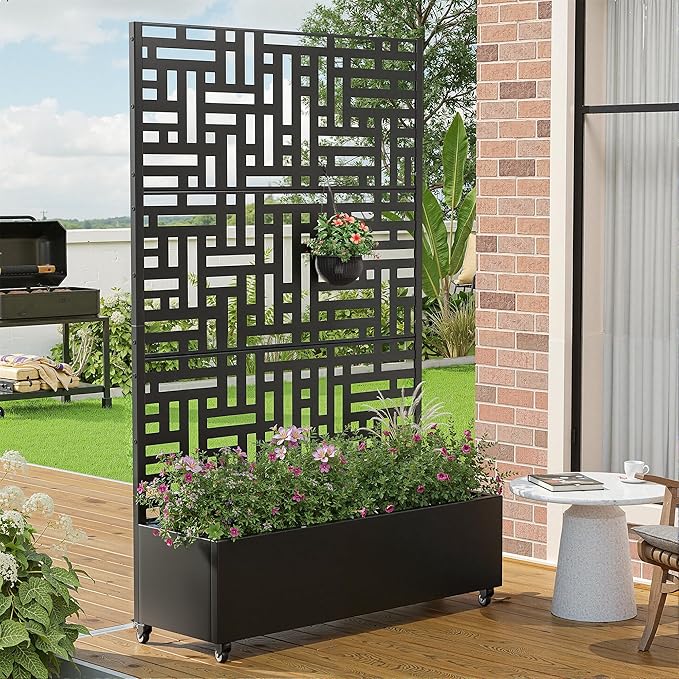 Casaphoria Metal Raised Garden Bed with Trellis and Wheels, 72"x47"x16" Planter Box for Climbing Plants, Vegetables & Vines, Features Drainage Holes and Privacy Screen (Black-Helen)
