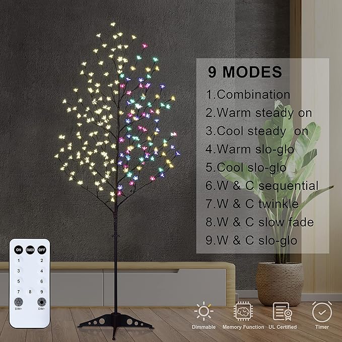 Lightshare Cherry Blossom Tree 6FT 208 LED Lighted Tree Multicolor with Remote Contrl for Decoration Inside and Outside, Home Patio Wedding Festival Christmas Decor