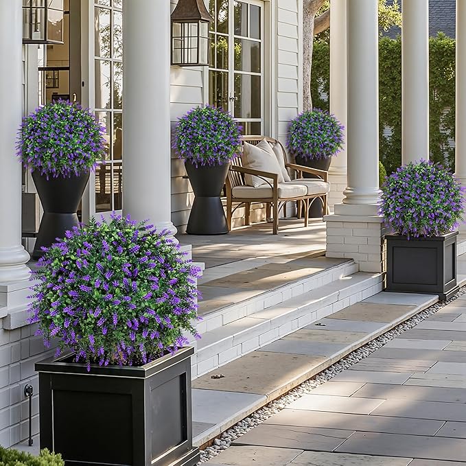HyeFlora 2 Pack Artificial Topiary Boxwood Ball Trees with Lavender Fake Plants for Outdoor Indoor Artificial Shrubs with Ground Spike UV Resistant Fake Bushes for Front Porch Garden (Purple Lavender)