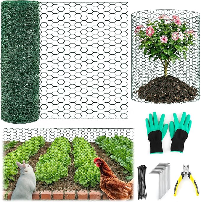 Plant Fence Protectors from Animals, 16.4 x 1.15ft Plant Cages for Outdoor Plants, Black Wire Plant Protector with Ground Stakes, Nylon Ties, Needle-Nose Pliers and Gloves to Keep Animals Out (Green)