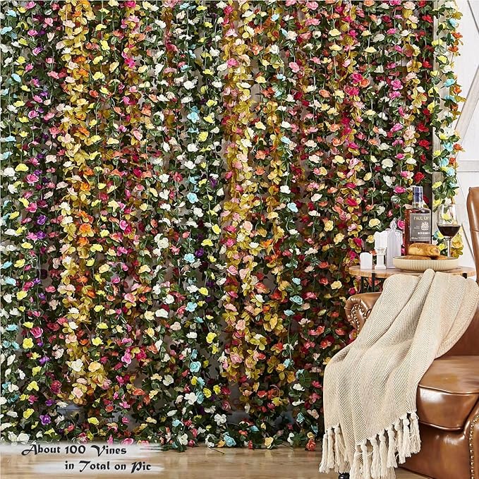 8 Pcs x 8.2 ft Flower Garland Artificial Rose Vine Flowers with Green Leaves Hanging Fake Roses Vine for Room Party Home Wedding Birthday Christmas Wall Arch Decor, Pink White Flower