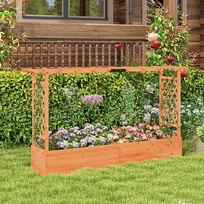 MAT EXPERT Raised Garden Bed with Trellis & Hanging Roof, Lattice Panel with Drainage Hole for Flower, Climbing Plant, Herb, Planter Box for Garden, Patio, Yard (1, 77" x 17" x 45" (L x W x H))