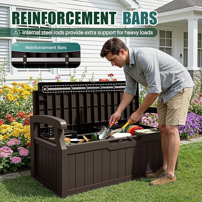 Devoko 80 Gallon Storage Bench Deck Box Lockable for Patio Furniture, Garden Decor and Outdoor Seating for Cushions, Garden Tools and Pool Supplies(Dark Brown)