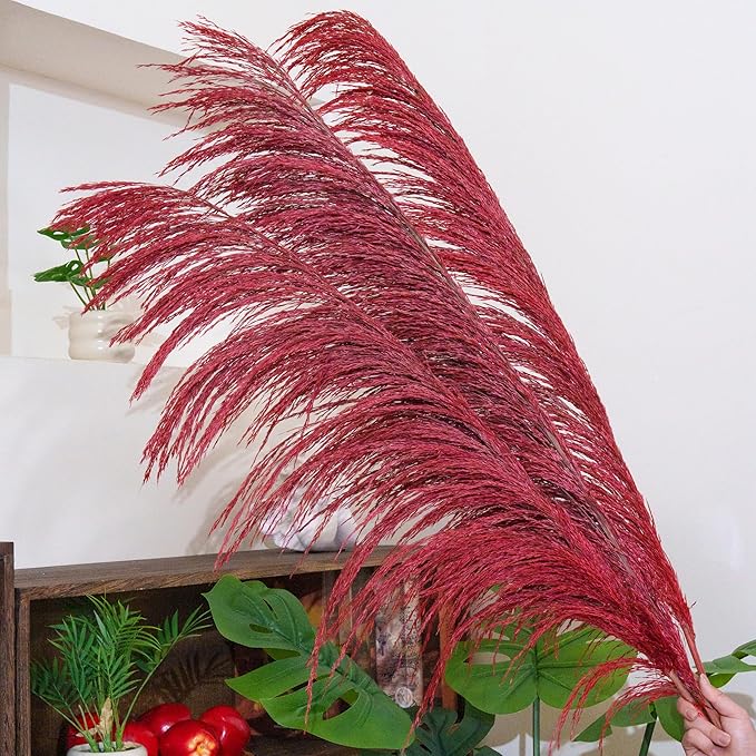 Red Pampas Grass Tall for Floor Vase Decor,Long Dried Pampas Grass, Large Natural Pompas Floral, Elegant Feather Flowers for Wedding Living Room Decorations (Natural Red, 6pcs 43.3"(110cm))