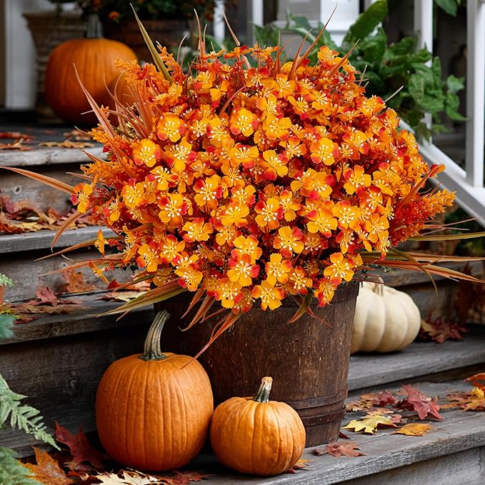 Artificial Fall Flowers Outdoor Fake Mums - 16 Bundles Fake Plants UV Resistant No Fade Faux Plastic Greenery Garden Porch Patio Fall Home Decor (1, OrangeGreen)