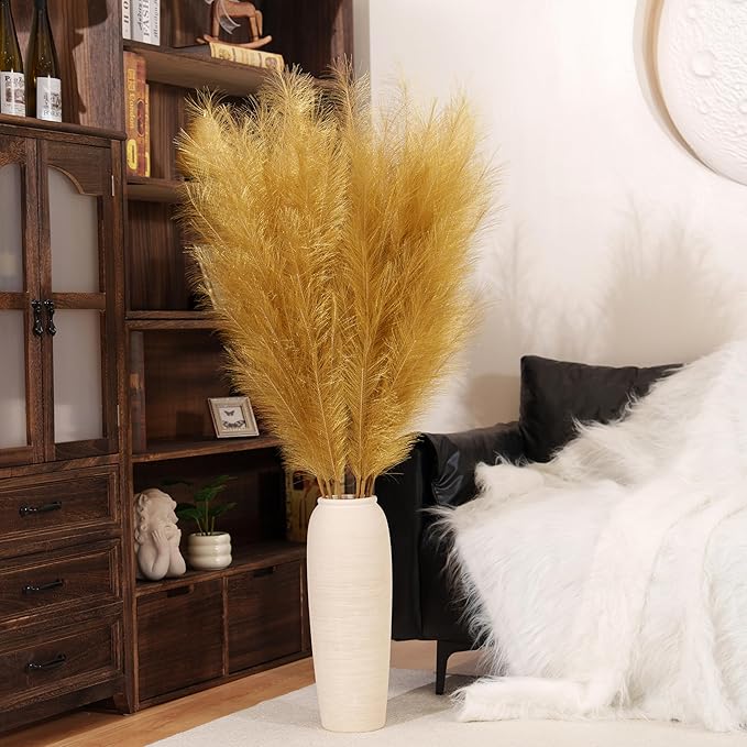Premium Faux Gold Pampas Grass – 55" Tall Ultra-Fluffy 24-Branch One-Piece Stems No Assembly, Luxury Silk-Feel Feather Flowers for Wedding Boho Luxe Home Decor (Champagne Gold, 8 Stems)