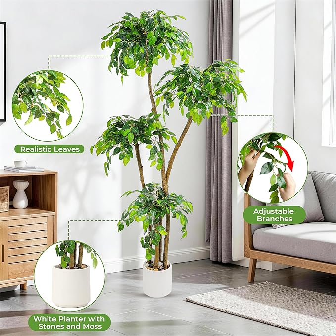 6FT Artificial Ficus Tree with White Planter and Pebbles,Faux Silk Tree with Lifelike Leaves and Realistic Trunk,Tall Fake Potted Plant for Home and Office Décor Indoor and Outdoor (6FT)