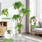 6FT Artificial Ficus Tree with White Planter and Pebbles,Faux Silk Tree with Lifelike Leaves and Realistic Trunk,Tall Fake Potted Plant for Home and Office Décor Indoor and Outdoor (6FT)