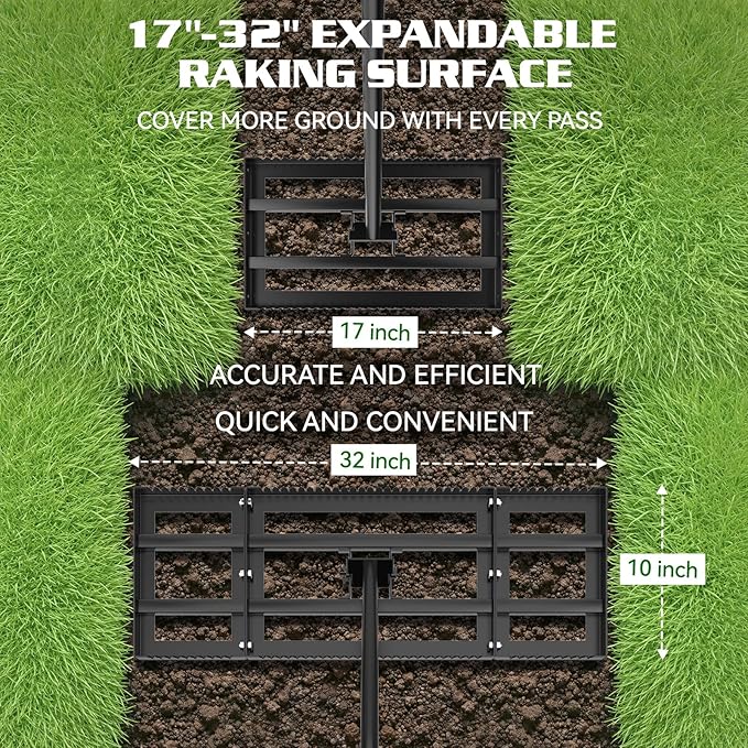 Housolution 32"x10" Lawn Leveling Rake with Serrated Edge & Smooth Plate, Heavy-Duty Stainless Leveling Rake with 72" Adjustable Handle, Serrated Rake for Soil/Dirt/Compost/Dead Grass/Gravel
